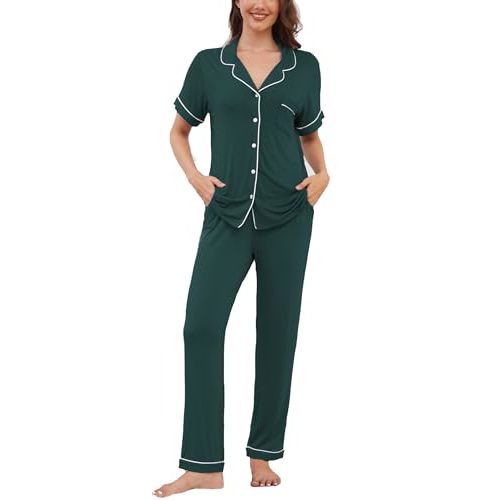 Womens Pajama Set Soft Pjs Short Sleeve Sleepwear with Long Pants 2 Piece Lounge Sets S-XXL