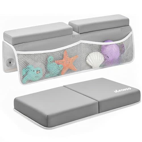 UBRAVOO Baby Bath Kneeler with Elbow Rest Pad, Non-Slip Foam Mat, Quick-Drying Cushion, Foldable Bathtub Support with Toy Storage Pockets for Parents (Gray)