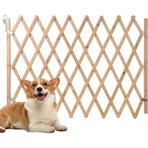 Expandable Accordion Dog Gate, Wooden Accordian Expansion Dog Gates for Doorway Stairs, Retractable Gate Safety Protection for Small Medium Pets Dogs, 8" to 42" W, 28.7" H