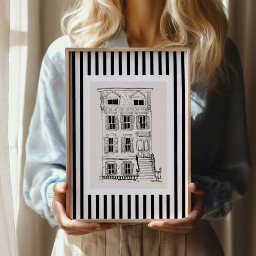 Brownstone Giclée Art Print: Black & White New York Illustration