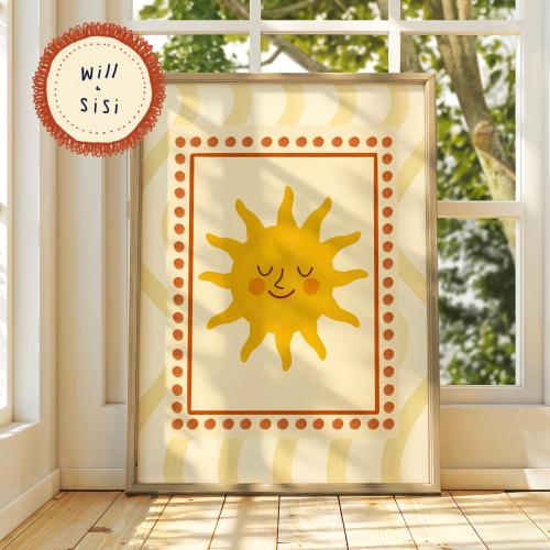 Smiling Sun Wall Art Print Nursery Toddler Room Decor Whimsical Sunshine Illustration Vintage Kids Playroom Artwork Warm Yellow Print | 01