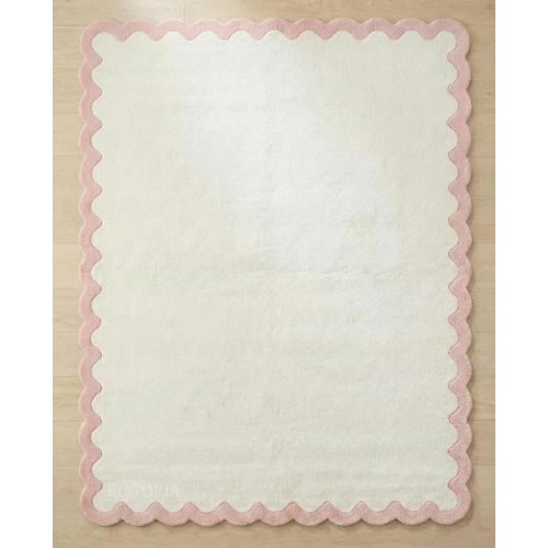 Hand-Tufted Wool Area Rug with Scalloped Edge, Plush Ivory Solid Carpet with Contrast Border, Soft Thick Cotton Backing Rug for Living Room Bedroom Home Decor (Blush Pink, 5' x 8')