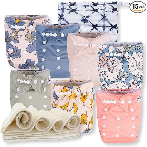 Nora's Nursery Cloth Diapers 7 Pack with 7 Inserts & 1 Wet Bag - Waterproof Cover, Washable, Reusable & One Size Adjustable Pocket Diapers for Newborns and Toddlers - Delilah