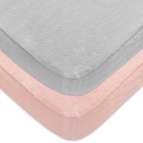 Pack and Play Sheets 2 Pack, 100% Cotton Flannel, Fitted Portable Mini Crib Sheet for Girls Boys, Ultra Soft Breathable Convertible Playard Mattress Cover Warm, Grey&Pink