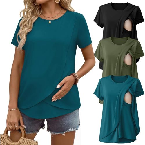 Ekouaer Nursing Shirts 3 Packs Short Sleeve Breastfeeding Tops Summer Maternity T Shirts Postpartum Double Layer Clothes