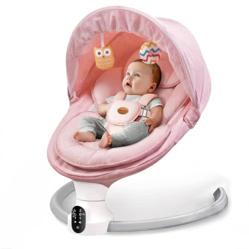 Baby Swing for Infants - Electric Baby Rocker with Exclusive App Function, Upgraded 5 Point Harness, Bluetooth Support, 10 Preset Lullabies and 5 Speeds, Portable Swing for Baby Boy Girl（Pink）