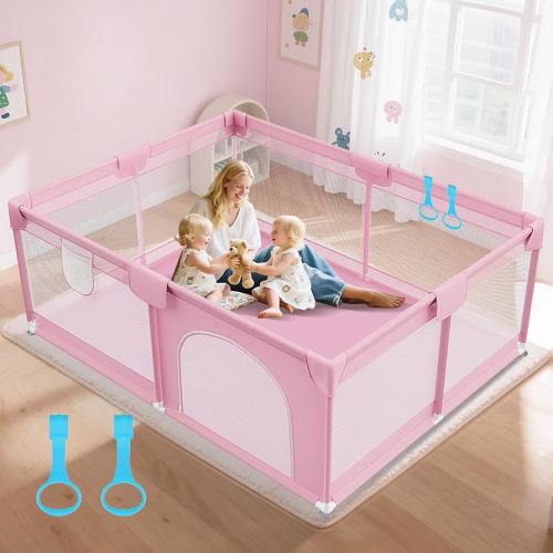 Large Baby Playpen 74"x50" - Play Pens for Babies and Toddlers with 2 Handle - Safety Baby Fence Play Area with Breathable Mesh for Indoor & Outdoor, Pink