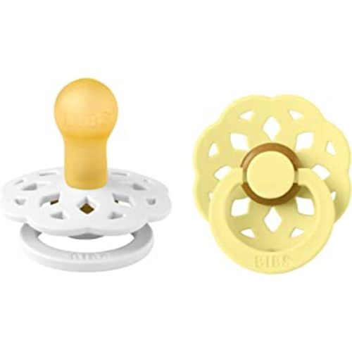 BIBS Boheme Pacifiers 2 Pack BPA Free Cherry Shape Nipple Natural Rubber Latex Made in Denmark |White/Sunshine | Size 0-6 Months