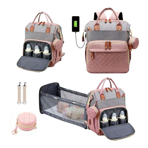 Baby diaper bag, backpack style diaper bag, baby travel bag, multi-functional waterproof baby bag with USB charging port and stroller straps,(Pink).