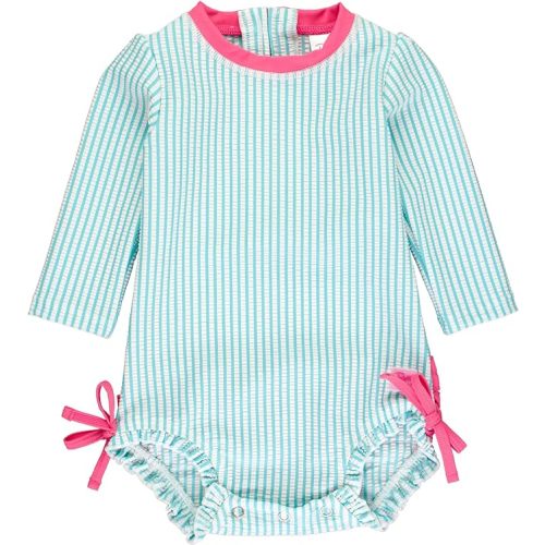 RuffleButts Baby/Toddler Girls Seersucker Long Sleeve One Piece Rash Guard Swimsuit with UPF 50+ Sun Protection
