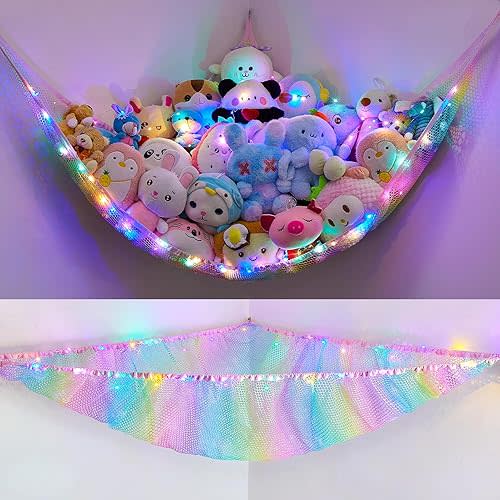 Unicorn Castle Stuffed Animals Net or Hammock Kids Toy Storage Organizer with LED Light Hanging Corner Stuffed Animals Holder Kids Girls Room Decor,Rainbow-A,Large (Pack of 1)