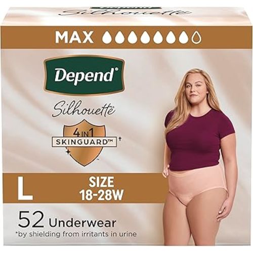 Depend Silhouette Adult Incontinence & Postpartum Bladder Leak Underwear for Women, Maximum Absorbency, Large, Pink, 52 Count (2 Packs of 26), Packaging May Vary
