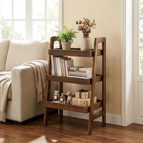 100% Solid Wood Ladder Shelf, 3 Tier Small Ladder Bookshelf, Freestanding Display Ladder Shelves with Open Storage for Living Room, Bedroom, Home Office, Saving Space, Walnut