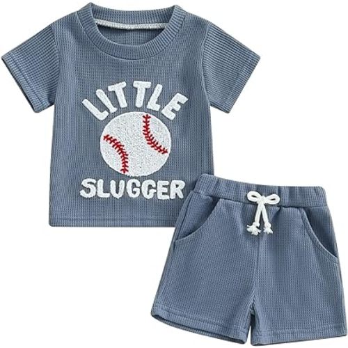 NZNDSHD Summer Baby Boy Clothes Short Sleeve Little Dude Mamas Boy Embroidered T-Shirt Tops Shorts Set Waffle Knit Outfit