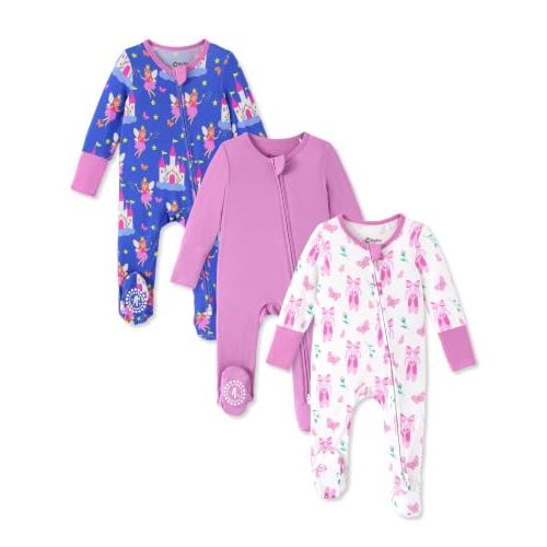 PATPAT 3 Pack Bamboo Viscose Baby Footed Pajamas with Anti-Grips, NB-2T | Fold-Over Mittens, 2-Way Zipper, Super Soft Fiber, Stretchy and Breathable