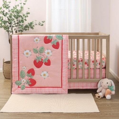 The Peanutshell Crib Bedding Set for Baby Girls, Strawberry Sweet, 3 Pieces