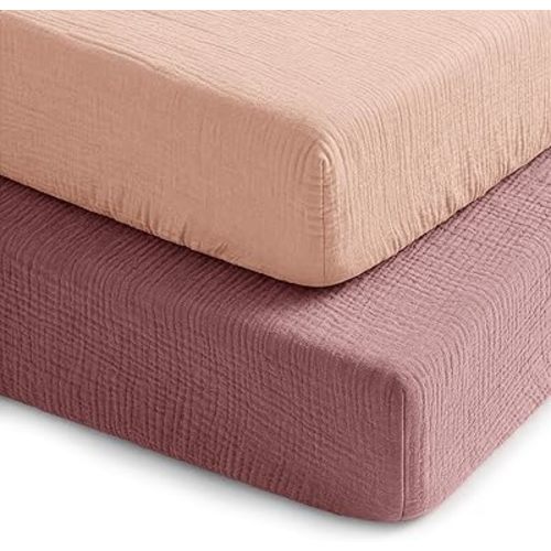 Comfy Cubs 100% Muslin Crib Fitted Sheet 2 Pack, Mauve and Blush - 100% Cotton, Soft & Breathable Crib Sheets for Toddler Mattress - Snug Fit, Secure Elastic with Beautiful Packaging