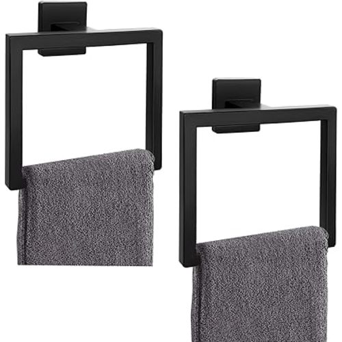 2-Piece Matte Black Square Towel Ring,Modern Hand Towel Holder for Bathroom,Stainless Steel Towel Hangers Wall-Mounted Bathroom Accessories