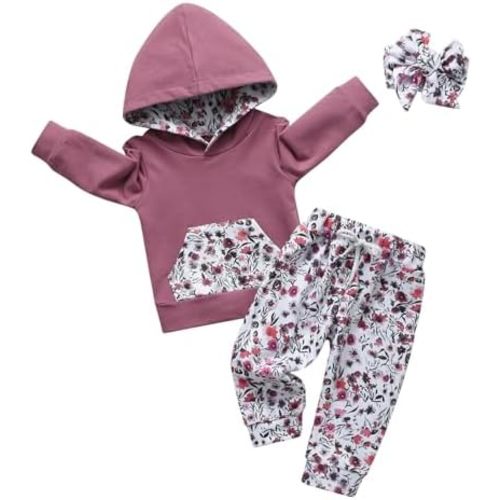 Eghunooy Baby Girl Clothes Long Sleeve Floral Hoodie Sweatshirt Pants with Pocket Headband Outfit Sets