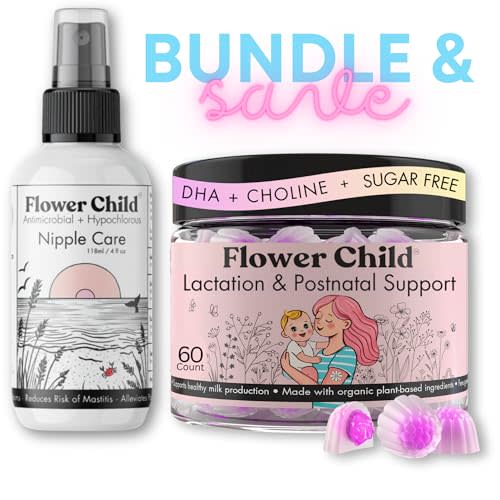 Flower Child Breastfeeding Support Bundle | Lactation Supplement Gummies for Milk Supply + Hypochlorous Nipple & Pumping Spray, Fenugreek-Free, Moringa, Milk Thistle, DHA & Choline