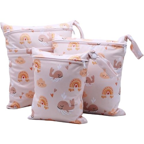 Asenappy 3pcs Cloth Diaper Wet Dry Bags Waterproof Reusable with Two Zippered Pockets Travel Beach Pool Daycare Soiled Baby Items Yoga Gym Bag for Swimsuits or Wet Clothes (3036-3-clouddolphin)