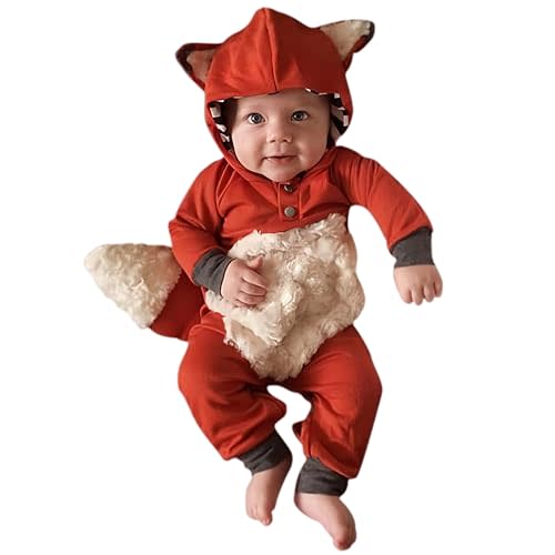 Noubeau Newborn Baby Girl Boy Halloween Cosplay Cartoon Clothes Fox Coat Fur Bodysuit Jumpsuit Hooded Playsuit Romper