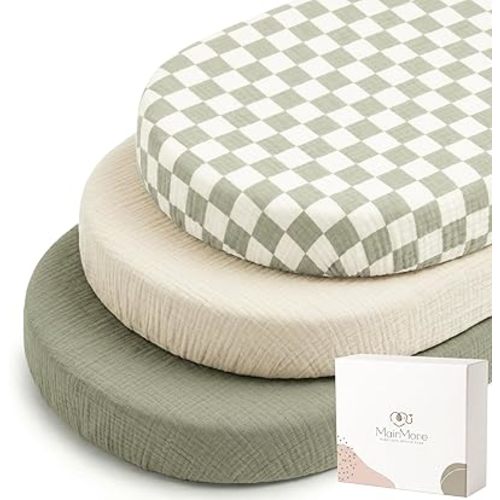 3 Pack Muslin Bassinet Sheets for Babies, Soft & Breathable 100% Cotton Fitted Sheets for Oval, Rectangle, Hourglass Bassinet Mattress Pads (Green Chessboard)
