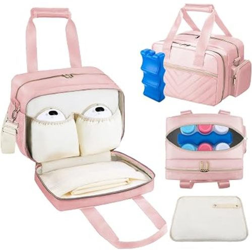 Breastmilk Cooler Bag with Ice Pack, Wearable Breast Pump Storage Bag, Insulated Bottle Travel Bag Compatible with Momcozy/Elvie/Willow, Fits 6 Baby Bottles up to 9 Ounce with Shoulder Strap, Pink