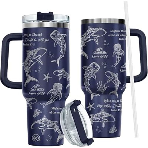 34HD Dark Whale Shark Tumbler with Lid Handle Straw, 40oz Ocean Child Coffee Mug Stainless Steel, God Faith Gifts Fathers Day, Whale Shark Gifts for Men Women