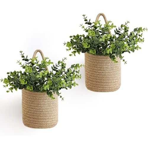 Dahey 2Pcs Woven Hanging Wall Basket 5.5"W×6.2"H with Artificial Eucalyptus