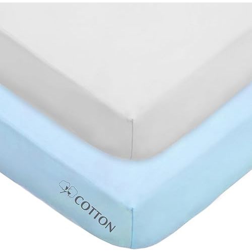 American Baby Company 2 Pack 100% Natural Cotton Fitted Crib Sheets 52" x 28" - Soft, Breathable, Hypoallergenic & Gentle Toddler Bed Sheets, Blue and White, Neutral for Boys & Girls