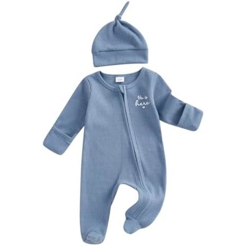 Kupretty Newborn Baby Boy Footies Zipper Footed Romper With Hat