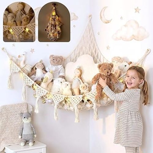 Stuffed Animal Hammock Corner | Sturdy Handcrafted Stuffed Animal Net | 4mm Double Macrame Cord Stuffed Animal Holder | Natural 100% Cotton Plushie Net | Toy Hammock w/LED Light (Ice Cream)