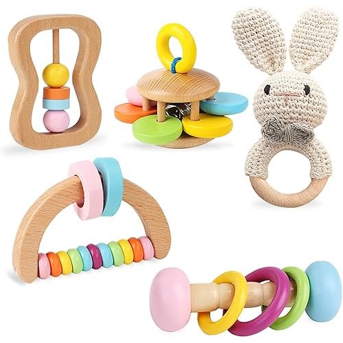 5 PCS Wooden Baby Rattle, Organic Colorful Baby Rattles Set, Wood Rattles for Babies 0-6-12 Months, Wooden Teether Crochet Rattle Toy for Infant Newborn,Montessori Toys for Babies 0-6 Months