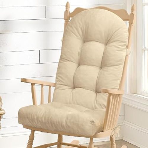 Rocking Chair Cushion - Chenille Fabric, High-Density Sponge, Durable Comfort Non-Slip Bottom Tufted Seat Pads with Ties, Chenille︱Ivory, 44x19x4 inch