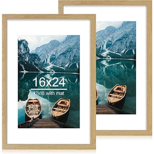 16x24 Frame Set of 2, Natural Oak Wood Style - Display 16 x 24 Picture without Mat or 12x18 Picture with Mat, Wall Mounting Horizontal and Vertical