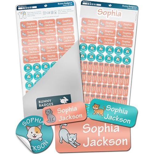 Bunny Badges Personalized Name Labels for Kids (70 Labels) - Custom Waterproof Name Stickers for Daycare, Clothing Tags, Water Bottles, Lunch Boxes and School Supplies (Cats)