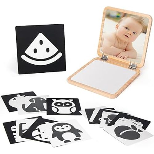 Tummy Time Mirror for Infant, 0-180° Adjustable Baby Mirrors with 15 Black and White Educational Cards, Shatterproof & Portable Baby Safe Mirror Toy, Developmental Baby Gift for 0-6 Months
