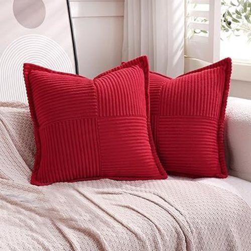 Puncuntex Corduroy Red Throw Pillow Covers Set of 2 Boho Decorative 18×18 Inch,Super Soft Pillowcase Cozy Striped Texture Cushion Cover for Couch,Sofa,Farmhouse,Living Room