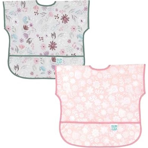 Bumkins - Junior Bib - For Boys & Girls, Toddlers & Kids 1-3 Years - Lightweight, Durable, Waterproof - Short Sleeve Bib - Catch-All Pocket - Wipeable & Machine Washable - Floral & Lace - 2 Pack