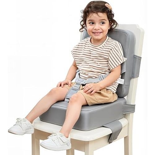 HOMEAL Booster Seat for Kitchen Chair - Compact Toddler Dining Seat with Easy-Install Straps & Wipeable Surface - Breathable Fabric Booster Seat for Table - Light Gray
