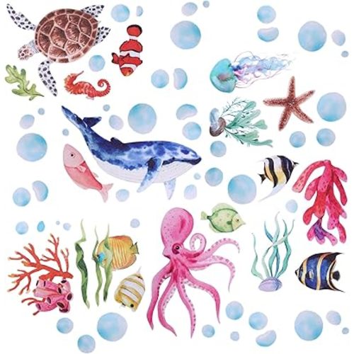 6pcs Ocean Creature Marine Bathtub Stickers, 5.9x7.8 Inch Colorful Waterproof Large Non-Slip Coral Octopus Starfish Whale Turtle Adhesive Decals Threads for Kids Sea Bath Tub Shower Floor