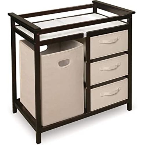 Badger Basket Modern Baby Changing Table for Nursery - Diaper Changing Station with Laundry Hamper, 3 Storage Drawers, Changing Pad, and Safety Belt - Espresso and Ecru