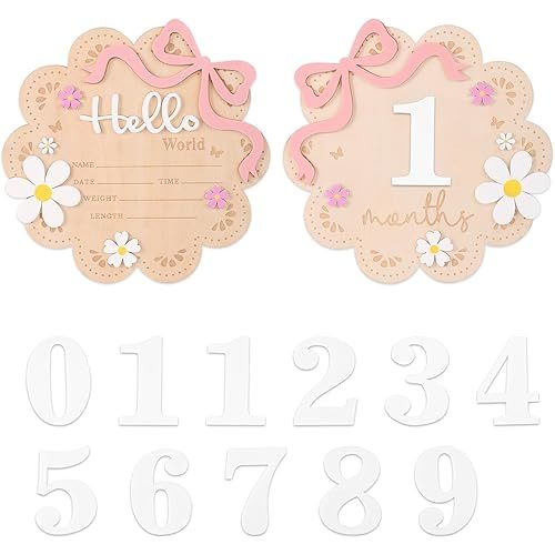 2pcs Baby Girl Monthly Milestone & Hello World Announcement Signs Set, Double-Sided Wooden 1-12 Months Newborn Milestone Markers with Floral Design Newborn Growth Photography Props & Nursery Decor