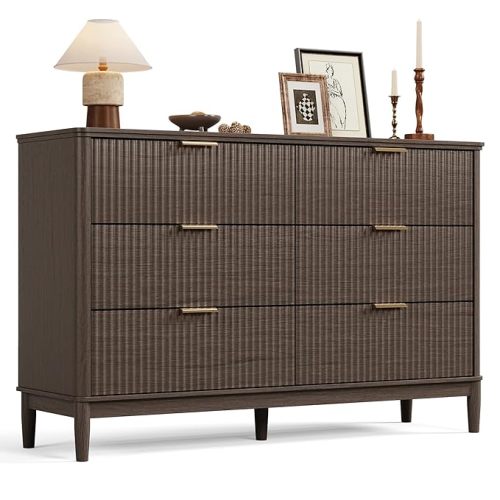 LINSY 6 Drawer Double Dresser for Bedroom, Modern Fluted Wood Chest of Drawers with Gold Metal Handles, Wide Storage Dresser TV Stand for Bedroom, Living Room, Entryway, Walnut