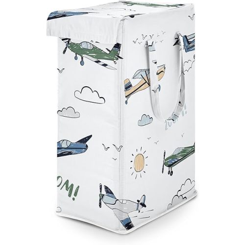 Sweet Jojo Designs Green Vintage Airplane Boy Laundry Hamper, Foldable Dirty Clothes Basket with Handles for Baby, Nursery, Kids Bedroom, Teen Bathroom- Airplanes, Transportation, Cloud, Sun, Aviator