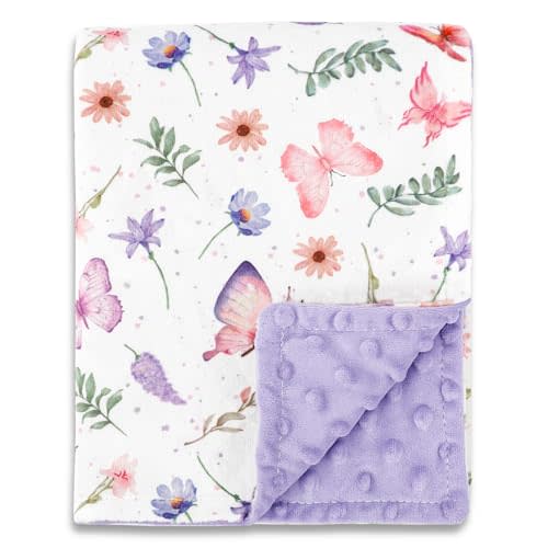 Pea Pod Baby Girls Blanket Soft Butterfly Minky Blanket for Newborn, 30'' x 40'' Double Layer Design, Dotted Backing Warm Baby Quilt Crib Blanket for Nursery/Stroller/Toddler Bed/Baby Car Seat