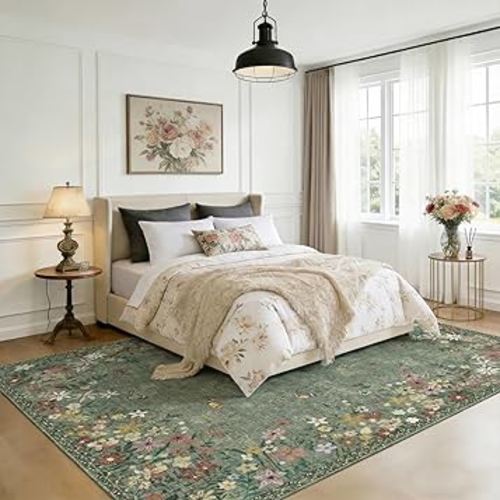 Green Area Rugs 6x8 for Bedroom Nursery Rugs, Machine Washable Vintage Rugs, Living Room Rug, Traditional Carpet Non Slip Carpet Green Area Rug for Dining