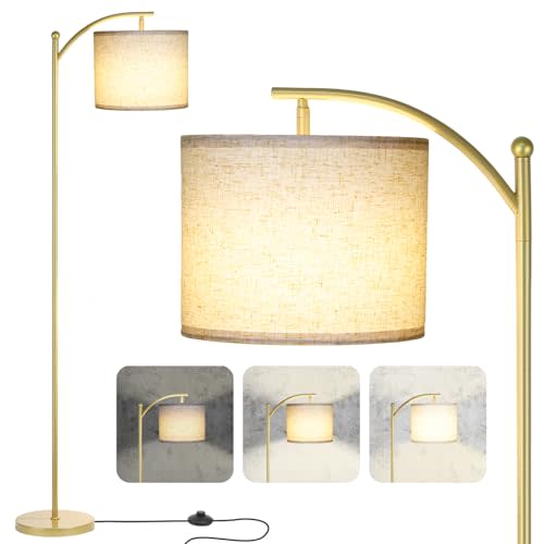 Floor Lamp for Living Room, Dimmable Standing Lamp Tall with Linen Shade Modern Floor Lamps Foot-Step Switch Reading Lamp for Living Room Bedroom Office Dining Room, 9W Bulb Included (Gold)