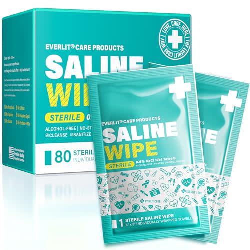 EVERLIT CARE Saline Wipes | 80 Pcs Sterile Wet Towelettes Formulated for Sensitive Skin | Nose, Piercing Aftercare, Baby & Kids | No-sting Alcohol-Free Wipes with Aloe Vera | 6" x 8" Extra Large Sheet